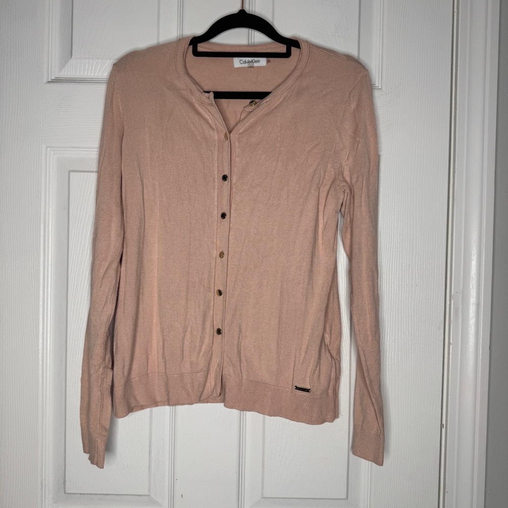 CALVIN KLEIN Light Dusty Pink Button Front Cardigan Size Small Gold‎ Hardware